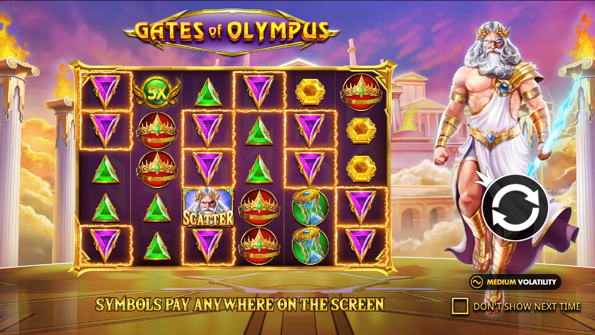 Gates of Olympus sākuma ekrāns ar norādi, ka simboli maksā jebkurā vietā