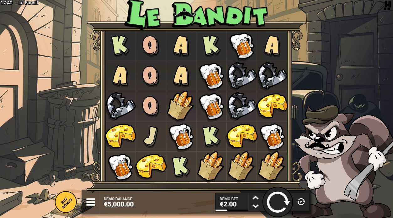 Le Bandit spēles ekrāns ar demo balansu un Buy Bonus pogu