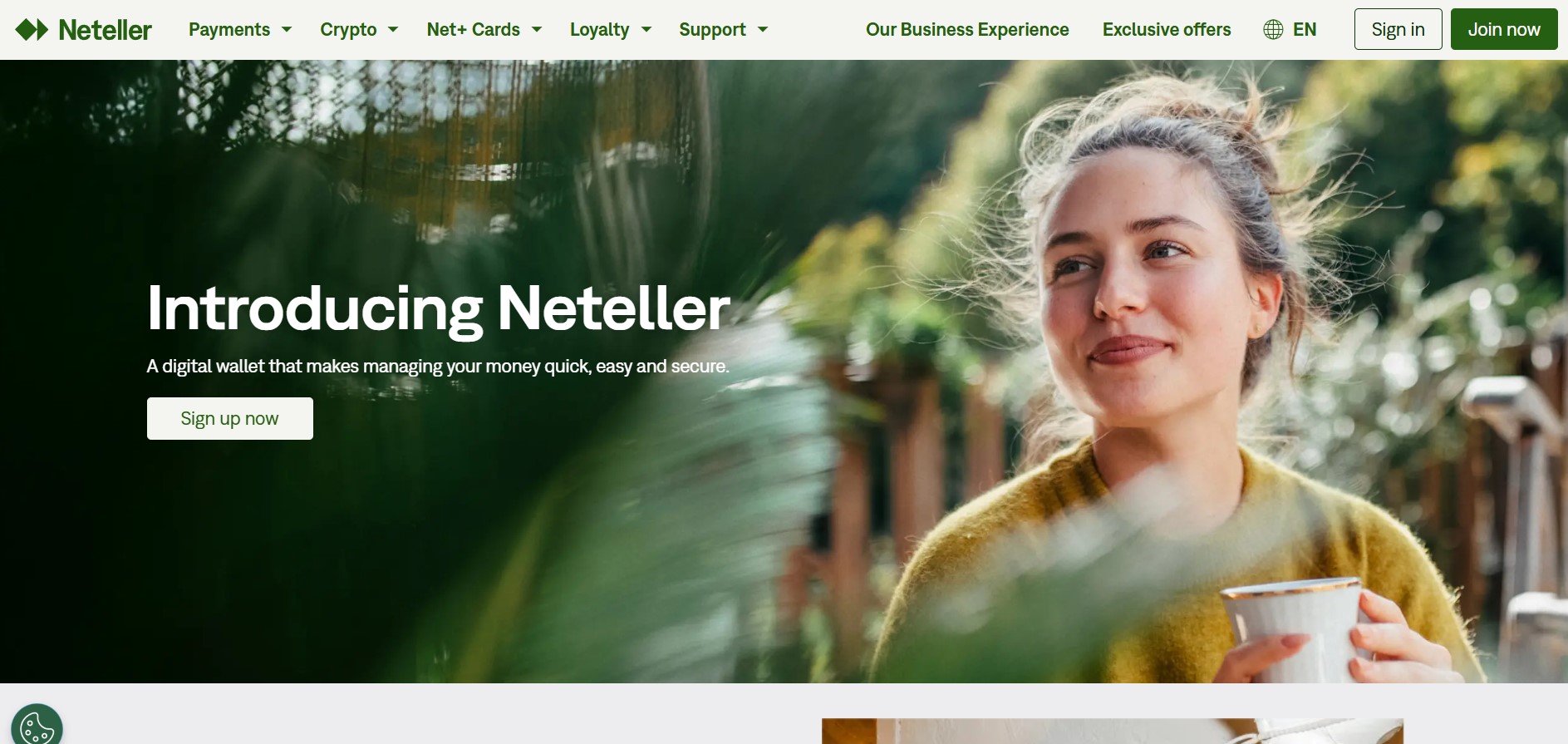 Neteller tīmekļvietne ar digitālā maka aprakstu un izvēlni