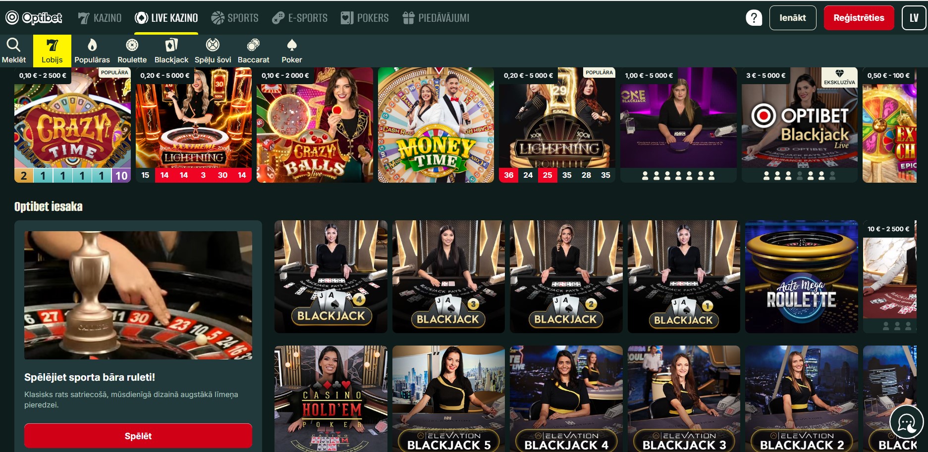 Optibet tiešraides kazino lobijs ar likmju diapazoniem eiro