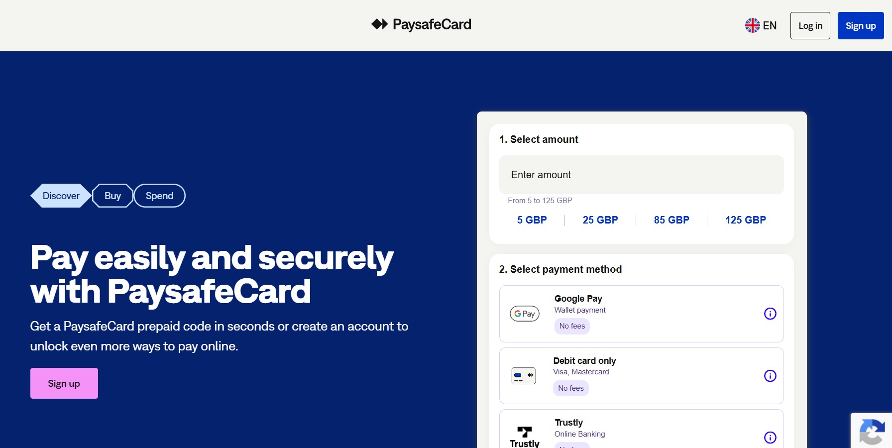 PaysafeCard vietne ar summas izvēli un apmaksas veidiem