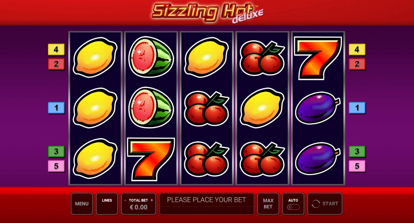 Sizzling Hot deluxe spēles ekrāns ar piecām līnijām un likmi eiro