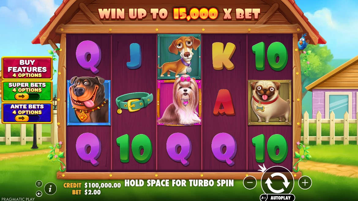 The Big Dog House spēles ekrāns ar Buy Features, Super Bets un Ante Bets pogām
